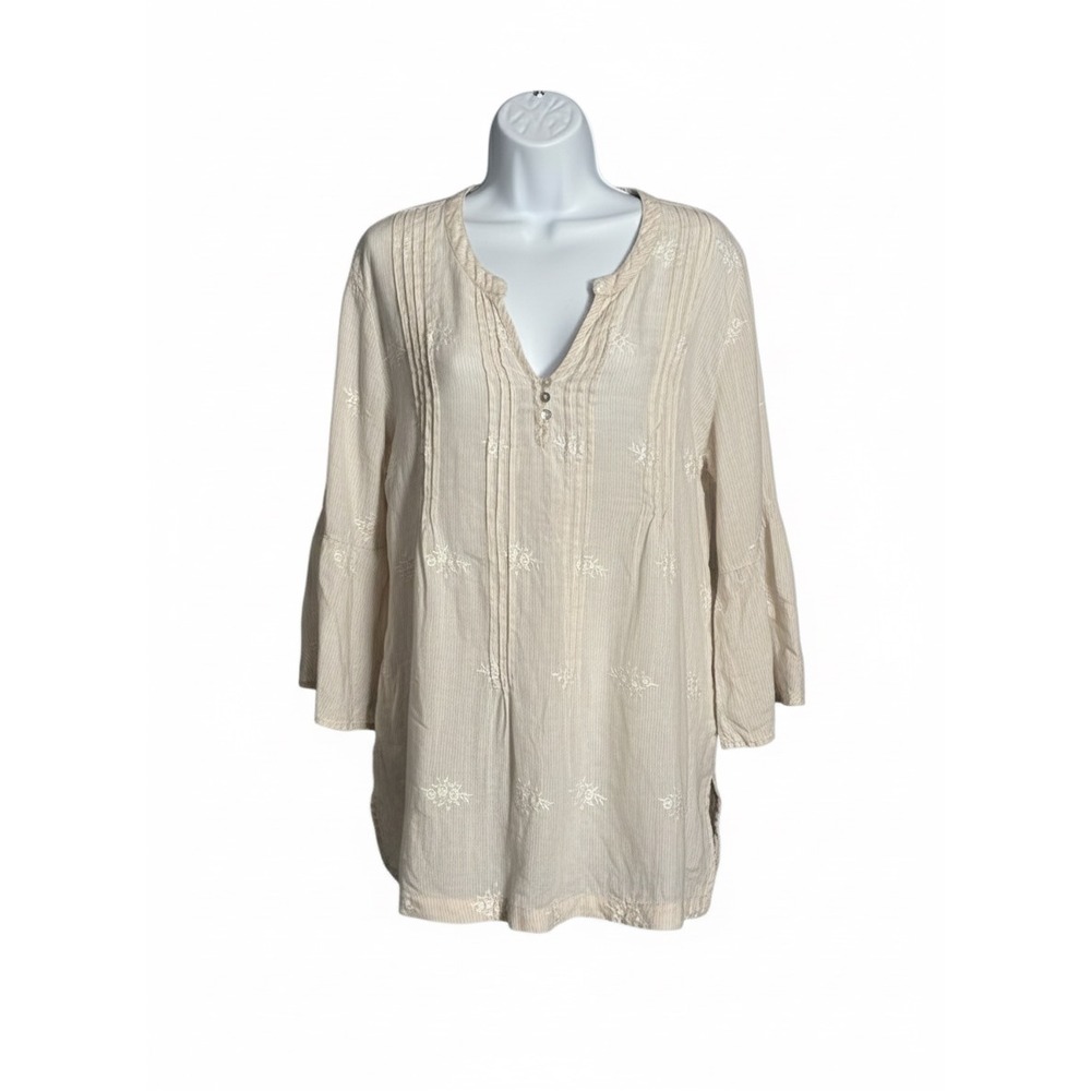 Antibes Blanc 100% Linen Embroidered Tunic Bell Sleeves M Boho Indie Minimalist